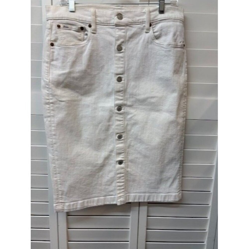 Polo Ralph Lauren White Denim Button-Front Skirt With Back Pockets Size 10
